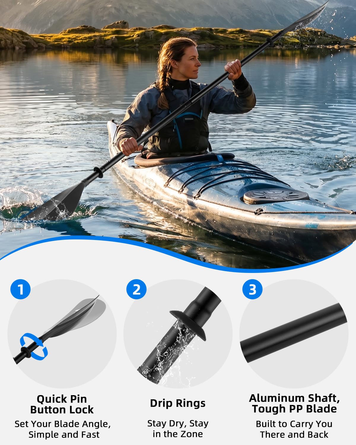 Abahub Remo Kayak 230 cm 4 Piezas Desmontables Remo Doble de Aluminio Compacto Ligero Flotante