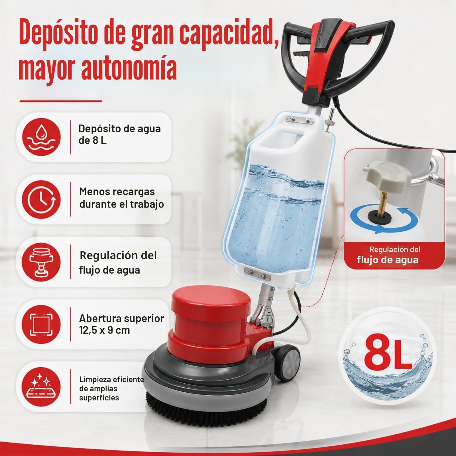 Máquina de limpieza eléctrica de disco único de 1100 W, cepillo multifunción, limpiador de suelos con 4 funciones principales, pulidora de suelos con depósito de agua grande