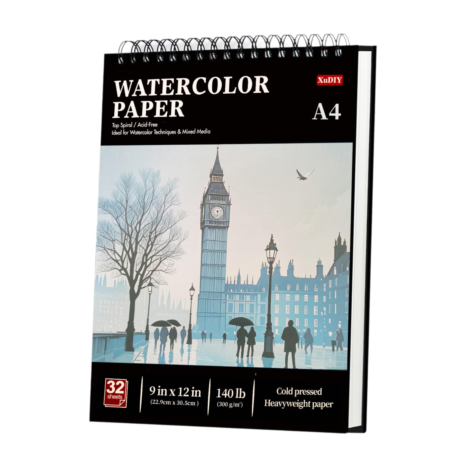 A4 Watercolour Paper Pad for Practice, 32 Sheets (64 Pages), 300GSM Cold Press, Natural White, Spiral Bound Watercolour Sketchbook for Beginners and Hobbyists, Drawing and Mixed Media