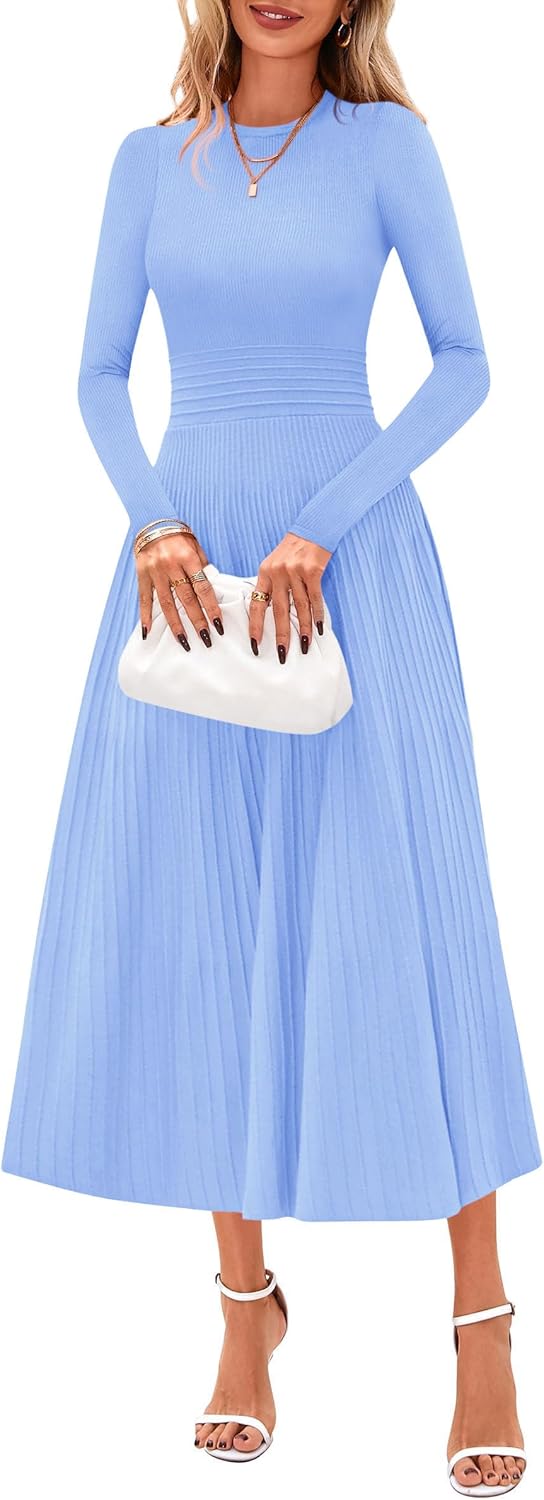 PRETTYGARDEN Fall Dresses for Women 2025 Long Sleeve Work Casual A Line Pleated Cocktail Church Midi Winter Sweater Dress