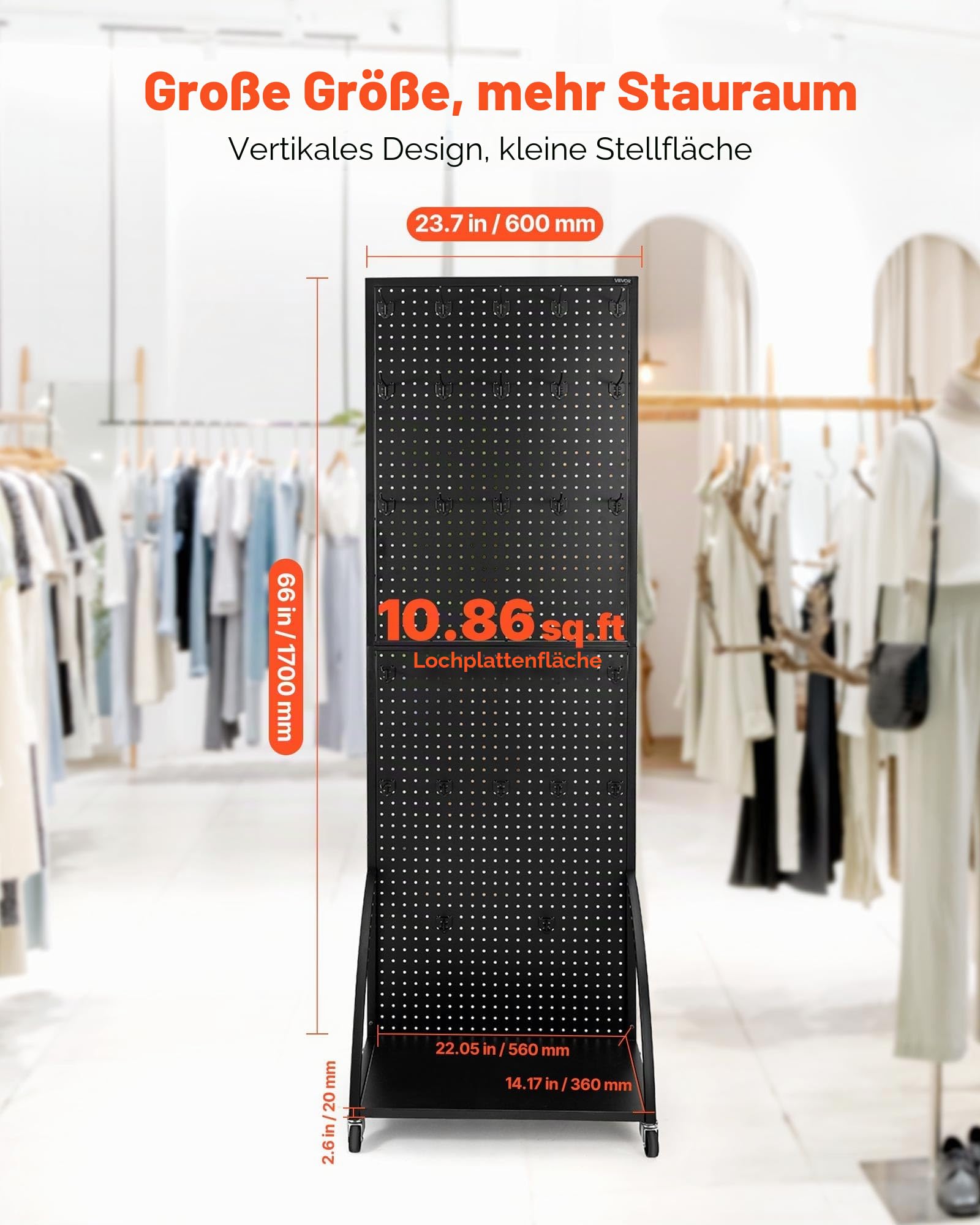 VEVOR Stecktafel Displayständer, 390x600x1770 mm, Präsentationsständer mit Rollen und 30 Haken, verdickte Tafelplatte aus kaltgewalztem Stahl für Einzelhandels- & Juweliergeschäfte, Schwarz