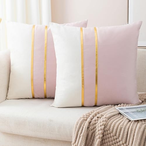 Miniatura 1 de ZLINA Juego de 2 fundas de almohada decorativas de terciopelo rosa y blanco con retazos de cuero dorado de 24 x 24 pulgadas, fundas de cojín