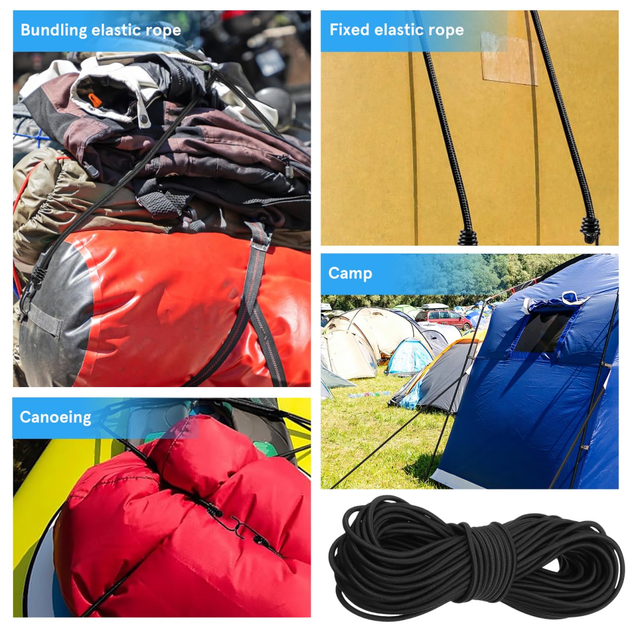 UKCOCO 20m Bungee Cords With Hooks: 4mm Heavy Duty Elastic Cord with 50 pcs Hooks for Backpack Tarpaulin Trailer Tent Poles Kayak,Black - Image 3