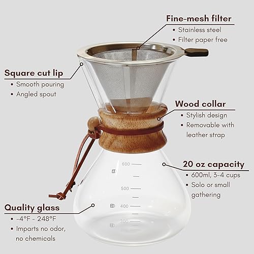 Miniatura 3 de Cafetera de vidrio de borosilicato de 20 onzas con filtro de acero inoxidable y soporte para collar de madera, cafetera para el hogar y campamento