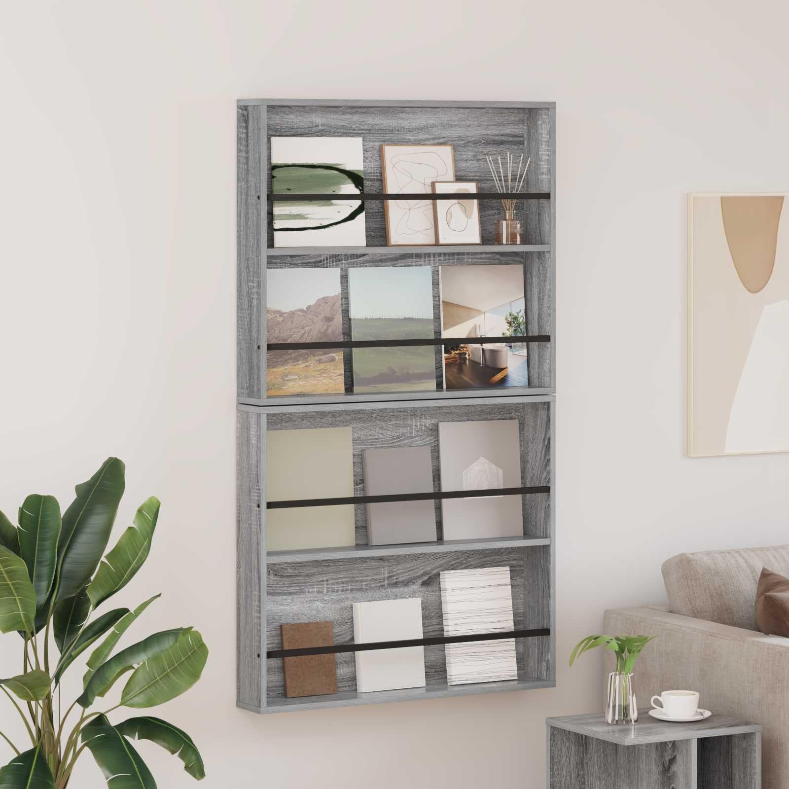 Wandmontiertes Magazinregal 2er Set in Graues Sonoma aus Holzwerkstoff 80 x 12 x 70 cm, Zeitschriftenständer, Magazinständer, Zeitungsständer, Prospektständer, Kataloghalter
