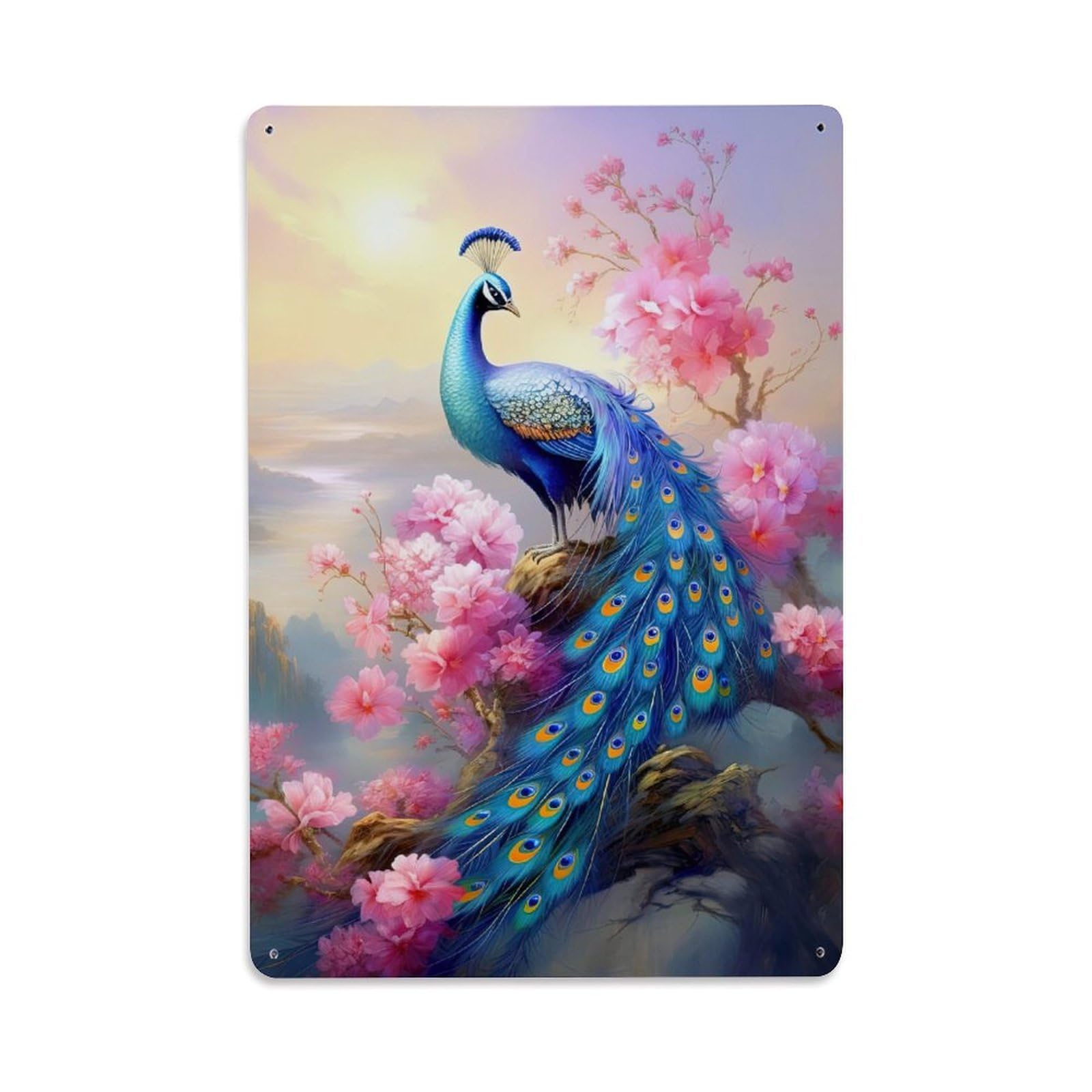 Garden Botany Animal Portrait Wildlife Peacock Flower Zen Metal Tin Sign Plaque Wall Decor for Cafe, Man Cave, Club Bar, Office, Home Garden Round Metal Poster 8x12Inch