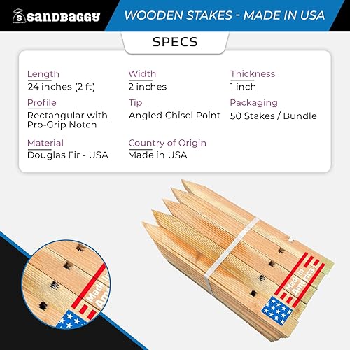 Miniatura 2 de Sandbaggy Estacas de madera de control de erosión de 24 pulgadas con muesca - 100% biodegradable - Punta de cincel, madera de abeto Douglas -