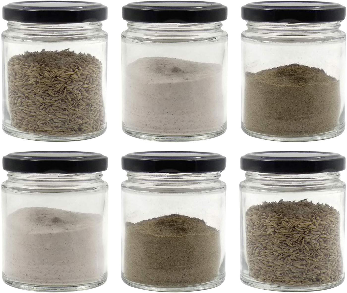 Farkraft 190 ML Glass Jar Round Shape,with Black Metal Color Cap Rust Proof Air Tight, (Set of 6 Pcs)