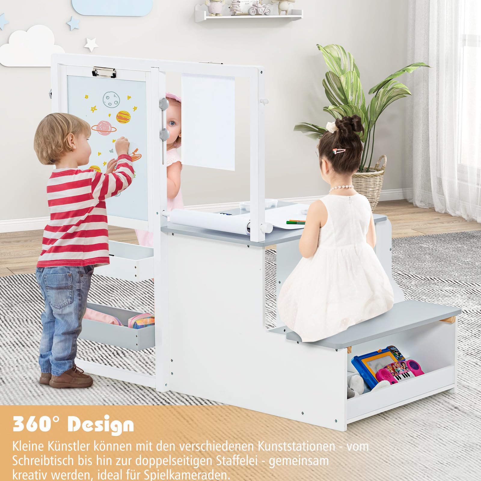 DREAMADE 3 in 1 Kindersitzgruppe, Höhenverstellbares Tisch Stuhl Set Mit Strauraum, Papierrolle, Ablagefächer & Bücherregal, Staffelei Maltisch Set Für Kinder Ab 3 Jahren (Grau+Weiß)