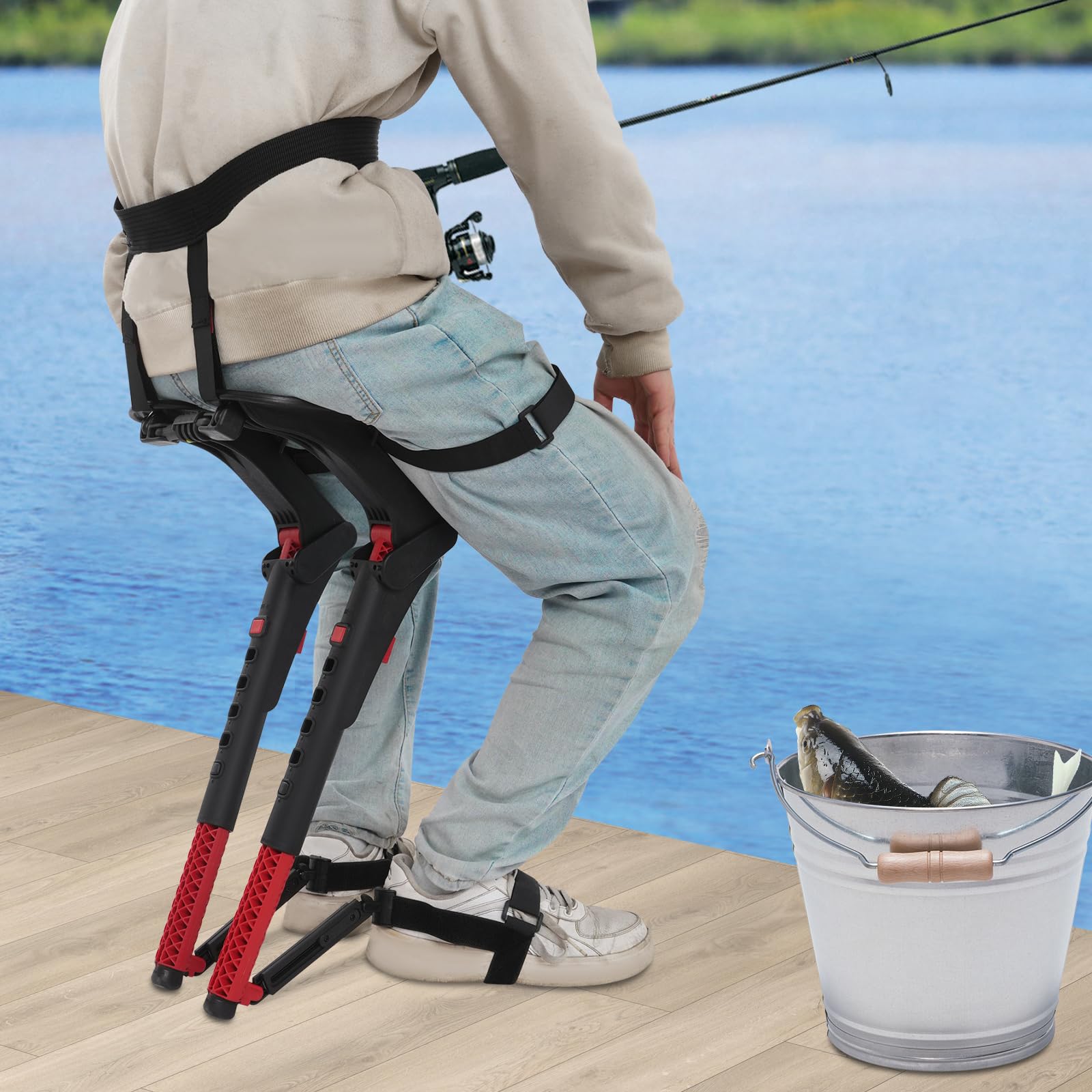 Exoskelett-Schwebesitz, Tragbarer Klappstuhl mit 5-Fach Verstellung, Leichter Sitz bis 150kg, Kompakter Reisestuhl für Unterwegs für Angeln, Camping und Outdoor