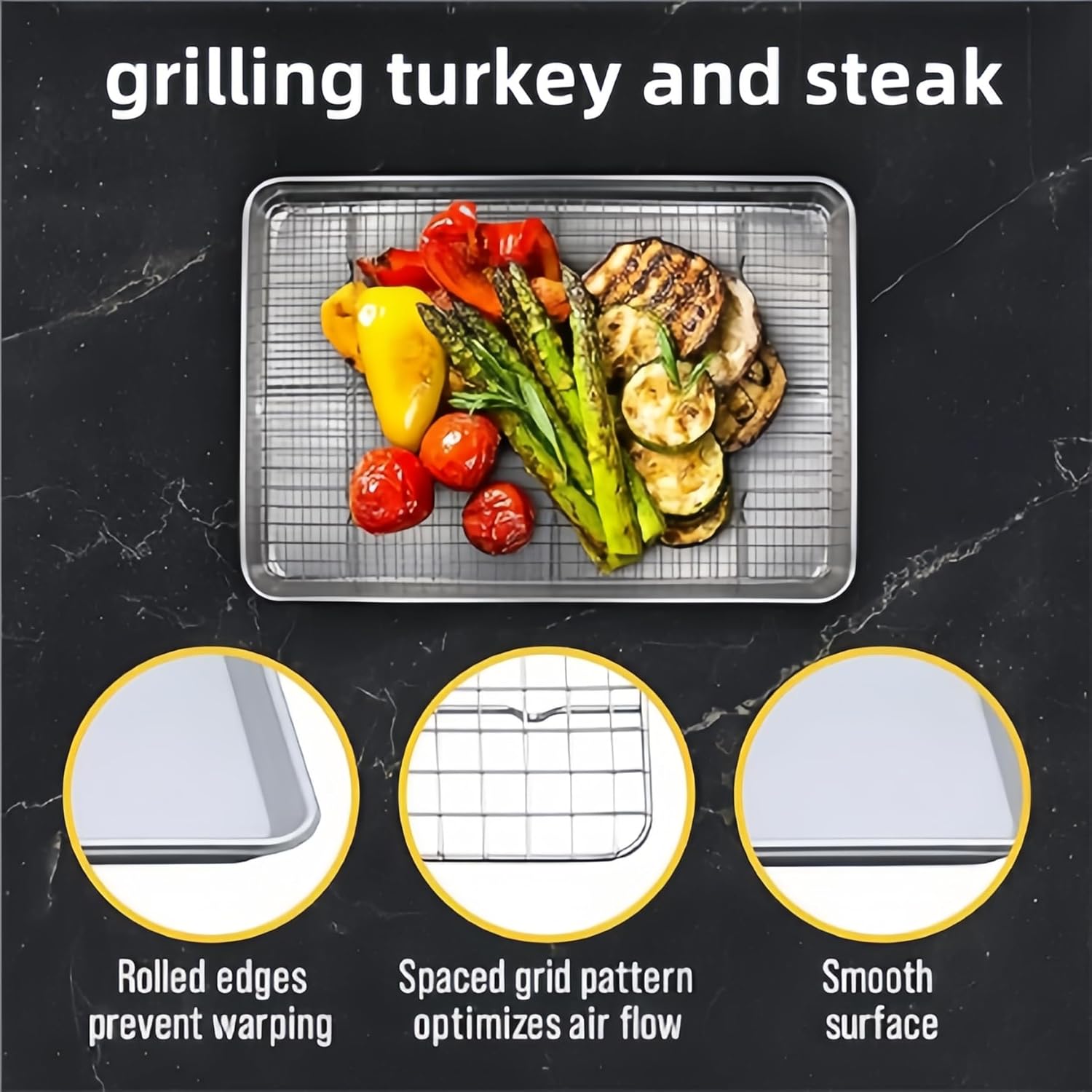Stainless Steel Roasting Pan with Grill and Cooling Rack - Ideal for Turkey, BBQ, and ham - Includes Wire Rack for Baking Sheet (15.9×12×1 in)