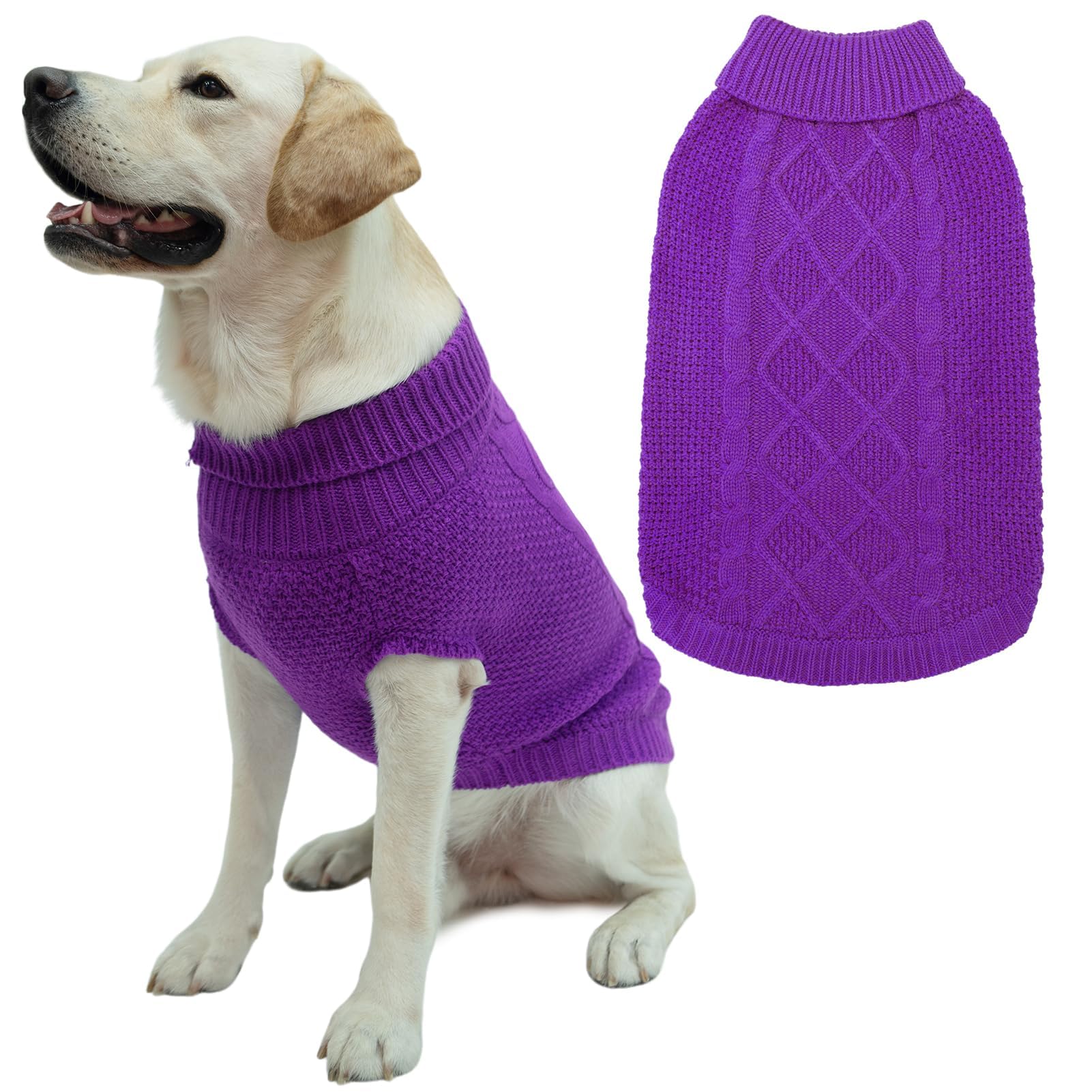 Mihachi Turtleneck Dog Sweater - Winter Coat Apparel Classic Cable Knit Clothes with Leash Hole for Cold Weather, Ideal Gift for Pet in New Year Purple Medium/Large