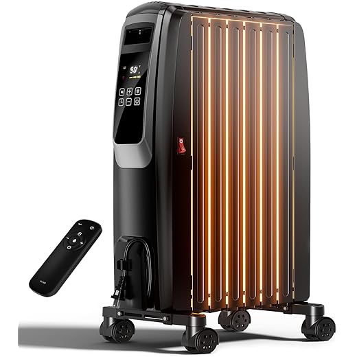 Oil Filled Radiator Heater, 1500W Electric Heater with Thermostat, Space Heaters for Large Room，Heaters with ECO Mode, 24H Timer, Tip-over & Overheat Protection for Indoor Office Use(26IN)