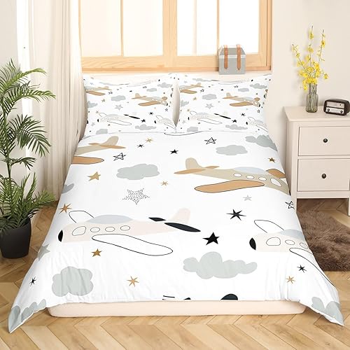 Vista 18 de Erosebridal Funda de edredón de avión de dibujos animados, tamaño matrimonial, juego de ropa de cama de aviones para niños, lindo amarillo, verde