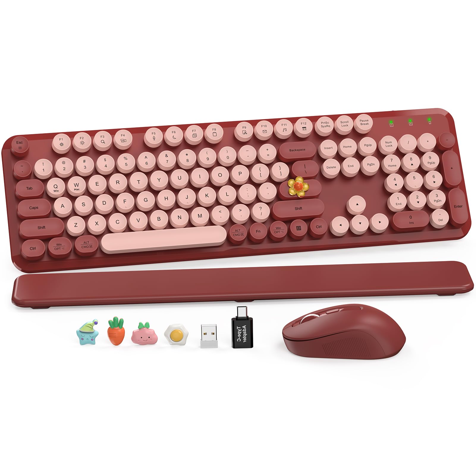 Wireless Keyboard and Mouse Combo, Wine Red Retro Typewriter-Style Keyboard with Round Keycaps and Magnetic Wrist Rest, 2.4G USB Wireless for Windows PC Laptop Desktop, Home Office School Essentials