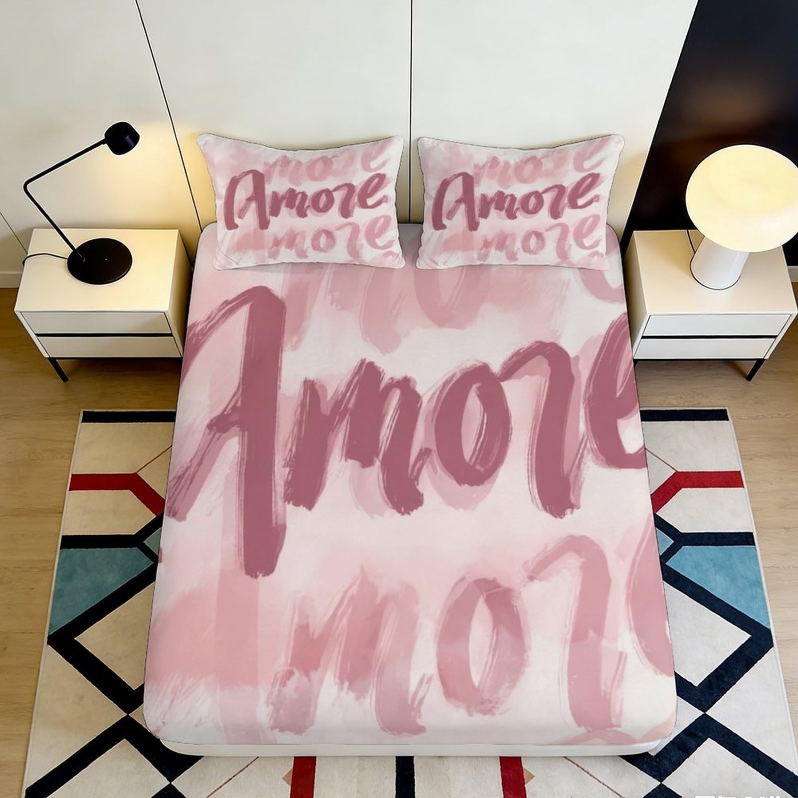 3D Printed Pink Script Amore Fitted Sheet Microfiber Soft Breathable Romantic Bed Cover with Mattress Protection for Bedroom Dormitory Guest Room 160x200x25cm