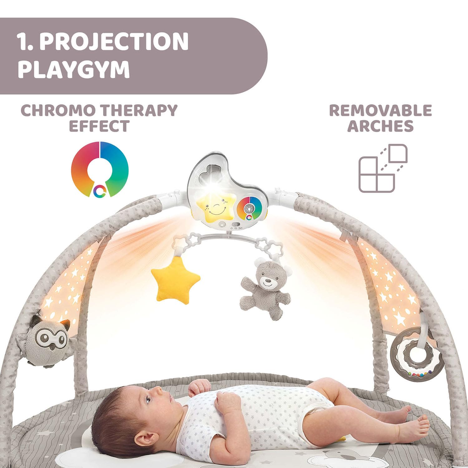 Chicco Palestrina dei Colori Beige 3in1, Palestrina Neonato Multifunzione Elettronica con Tappeto, Proiettore Stelle, Luce Notturna Removibile e Melodie Rilassanti, Giochi Neonato 0+ Mesi