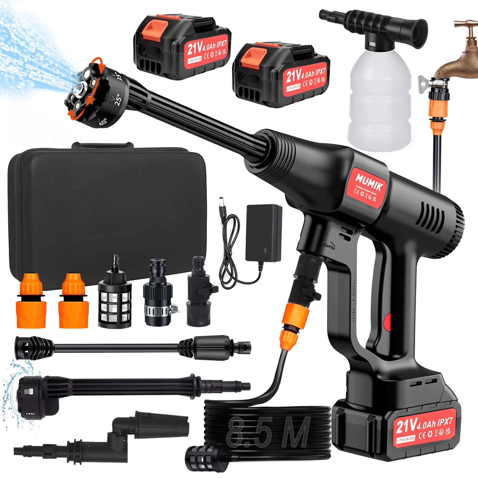 MUMIK Cordless Pressure Washer, 60Bar/870PSl Portable Power Washer with 2*4.0AH IPX7 Batteries, 6-in-1 Nozzle, 8.5m Cold-Resistant Hose, Hand Held Jet Wash for Car, Floor and Garden Cleaning/Watering