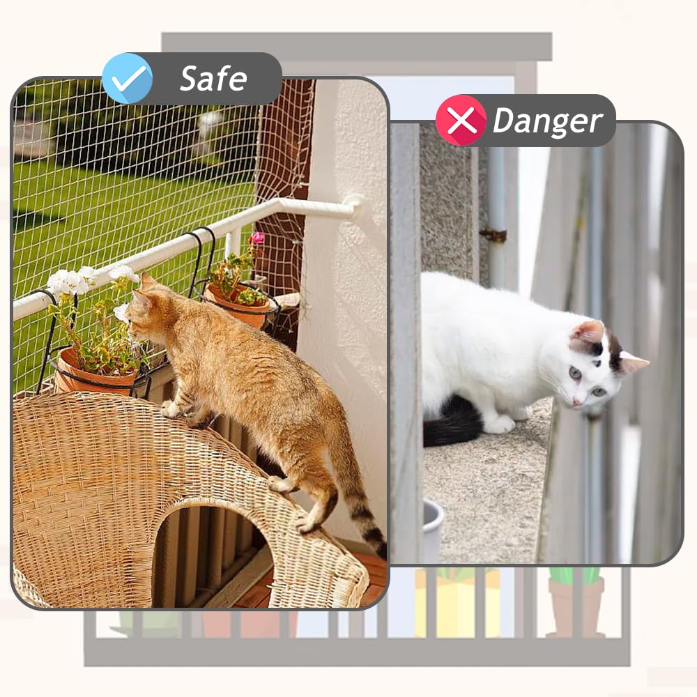 Palwin Rete per Gatti Balcone 6 x 3 m, Rete per Gatti Rinforzata con 25 m di Corda di Fissaggio e Accessori, Rete per Gatti Balcone Trasparente per Terrazze Esterne
