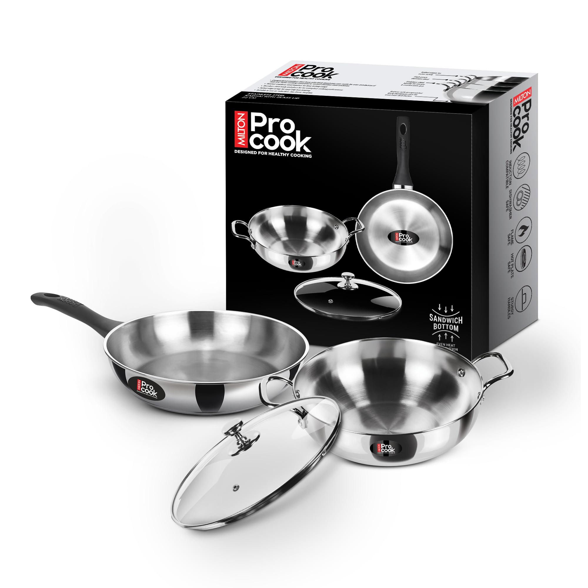 MILTON Pro cook Stainless Steel Kadhai,Fry Pan with Glass Lid,22 cm,Sandwich Bottom Cookware Set,Induction & Gas Stove Friendly for Cooking,Deep Frying,Stir-Fry, Sauté,Scratch Resistant,2 Yrs Warranty-image-40