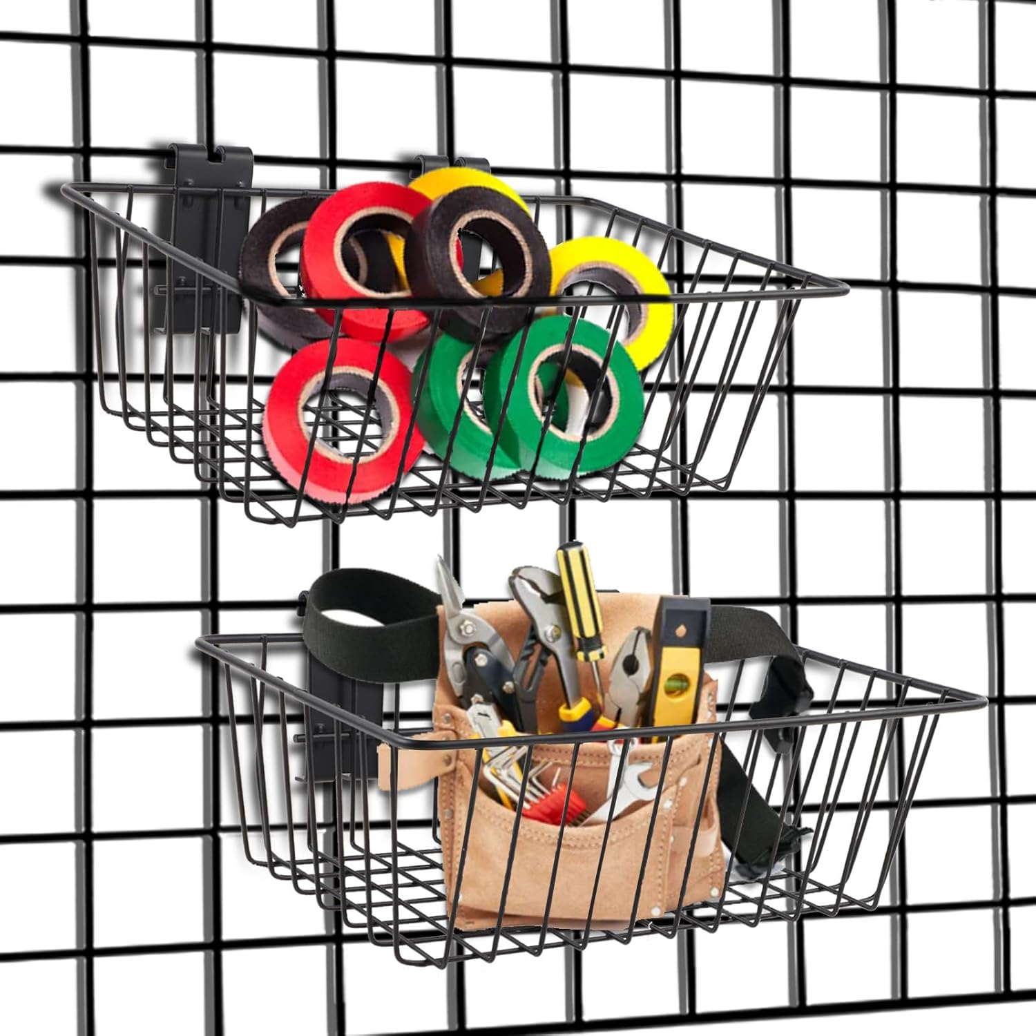 Polmart Heavy Duty Gridwall/Grid Panel Basket, Black (4-Pack)