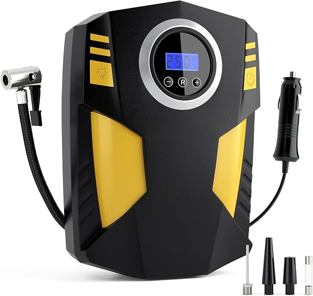 OHMOTOR Tyre Inflator Portable Air Compressor,Digital Tyre Pump 12V Portable Car Tyre Inflator with 3 Nozzle Adaptors,LED light and Auto Shut Off for Motorcycle Bicycle Balls Etc