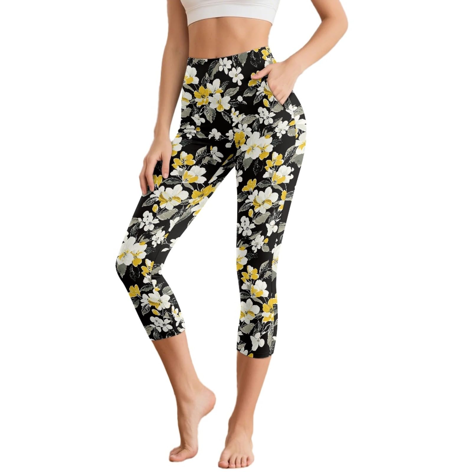Amzbeauty Leggings capri con bolsillos, pantalones recortados, pantalones de yoga para mujer, para correr, entrenamiento, ejercicio físico
