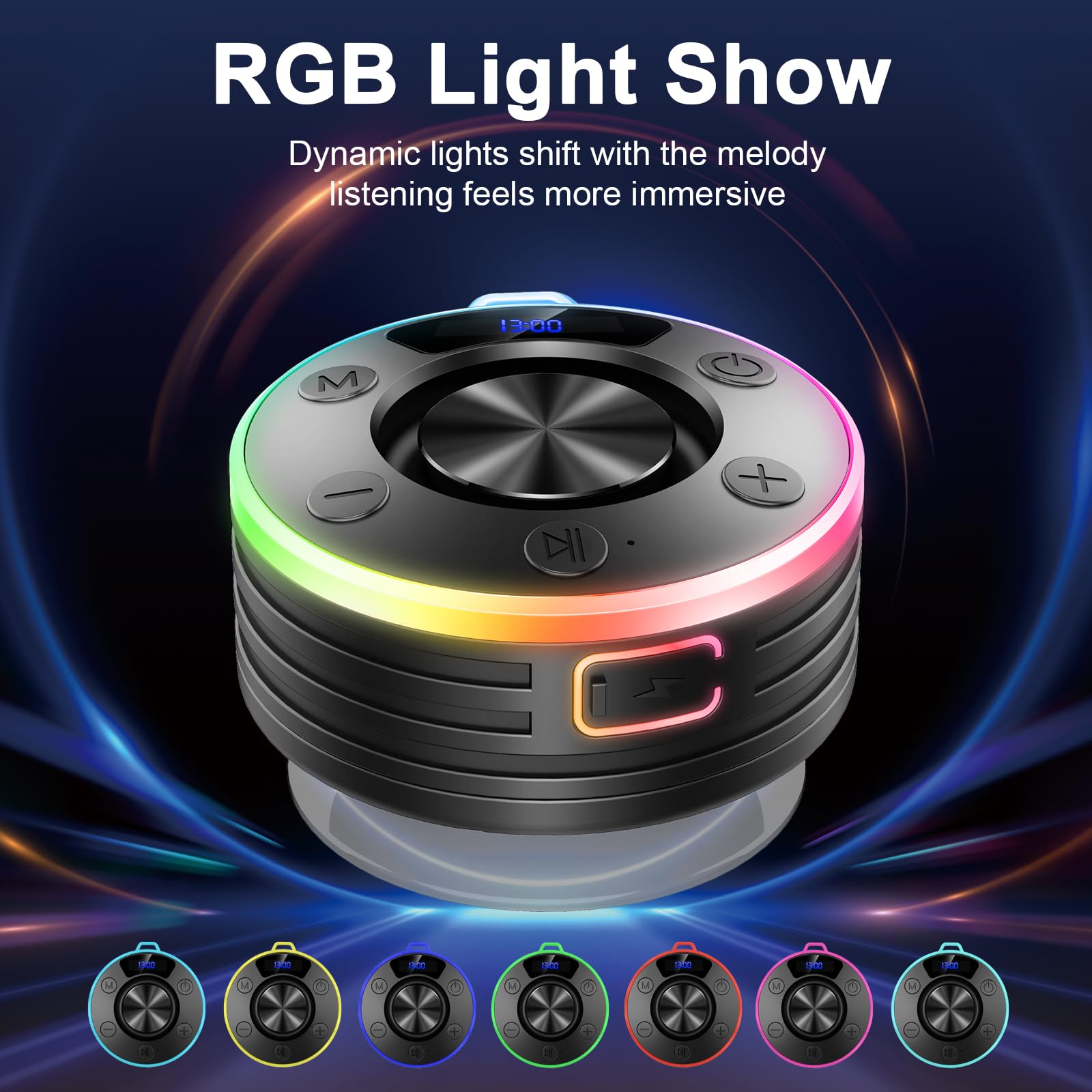 Wasserdichter Bluetooth Duschlautsprecher mit Zeitanzeige, IPX7 Waterproof Shower Speaker, Starker Bass, Saugnapf & Hakenclip, Freisprecheinrichtung, Musikbox für Badezimmer, Strand