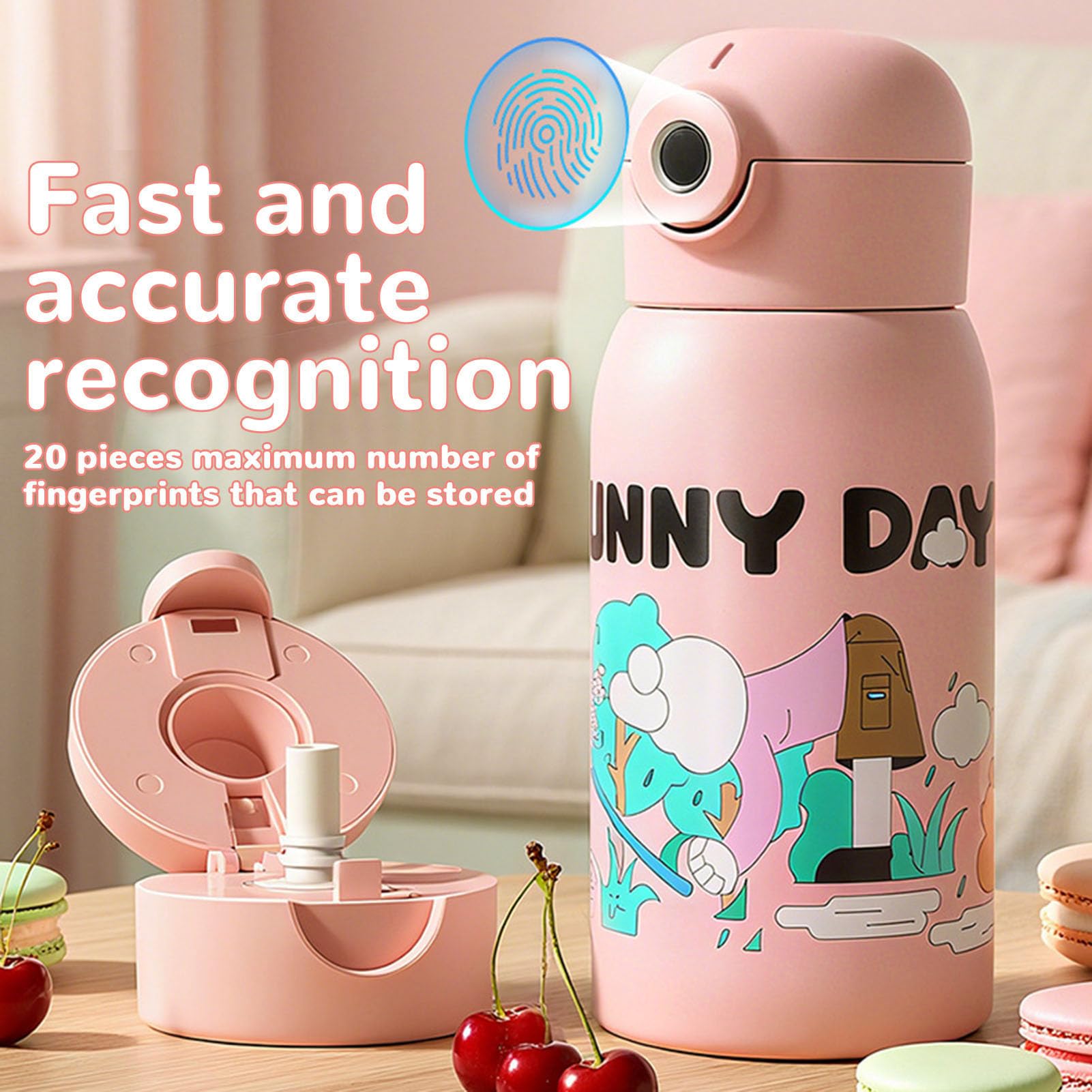 Fabater Bottiglia D'acqua Isolata Sotto Vuoto con Impronta Digitale per Uso Scolastico dei Bambini, 500 Ml, Colore Rosa