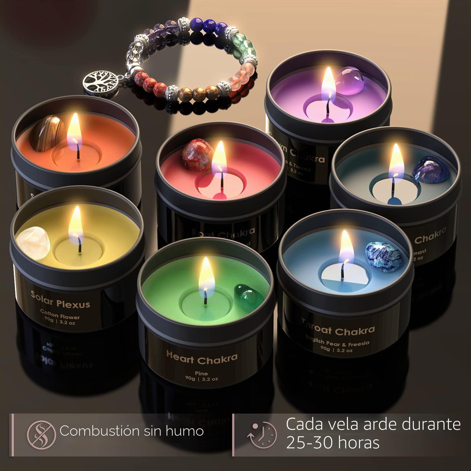 Inspireyes Velas de Chakras con Cristales y Piedras Aromáticas - Juego de Lujo para Meditación, Yoga y Decoración Espiritual