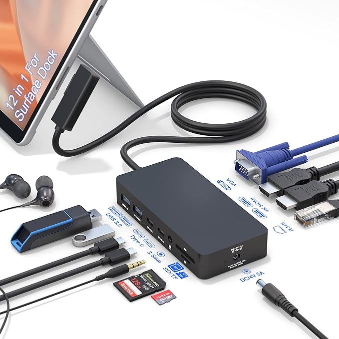 Surface Docking Station, 12 in 1 Triple Display Surface
