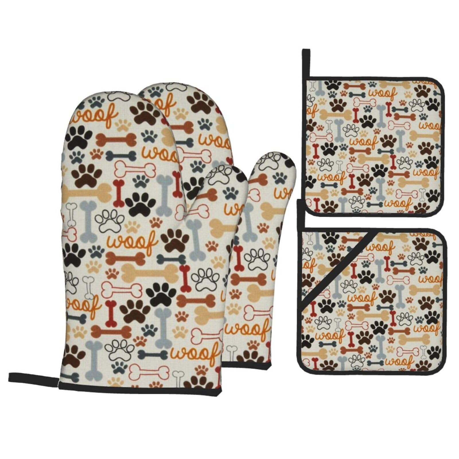 Dog Bones Paw Prints Print Stylish Heat-Resistant Oven 4-Piece Set Kitchen Gloves Roasting Daily Cooking