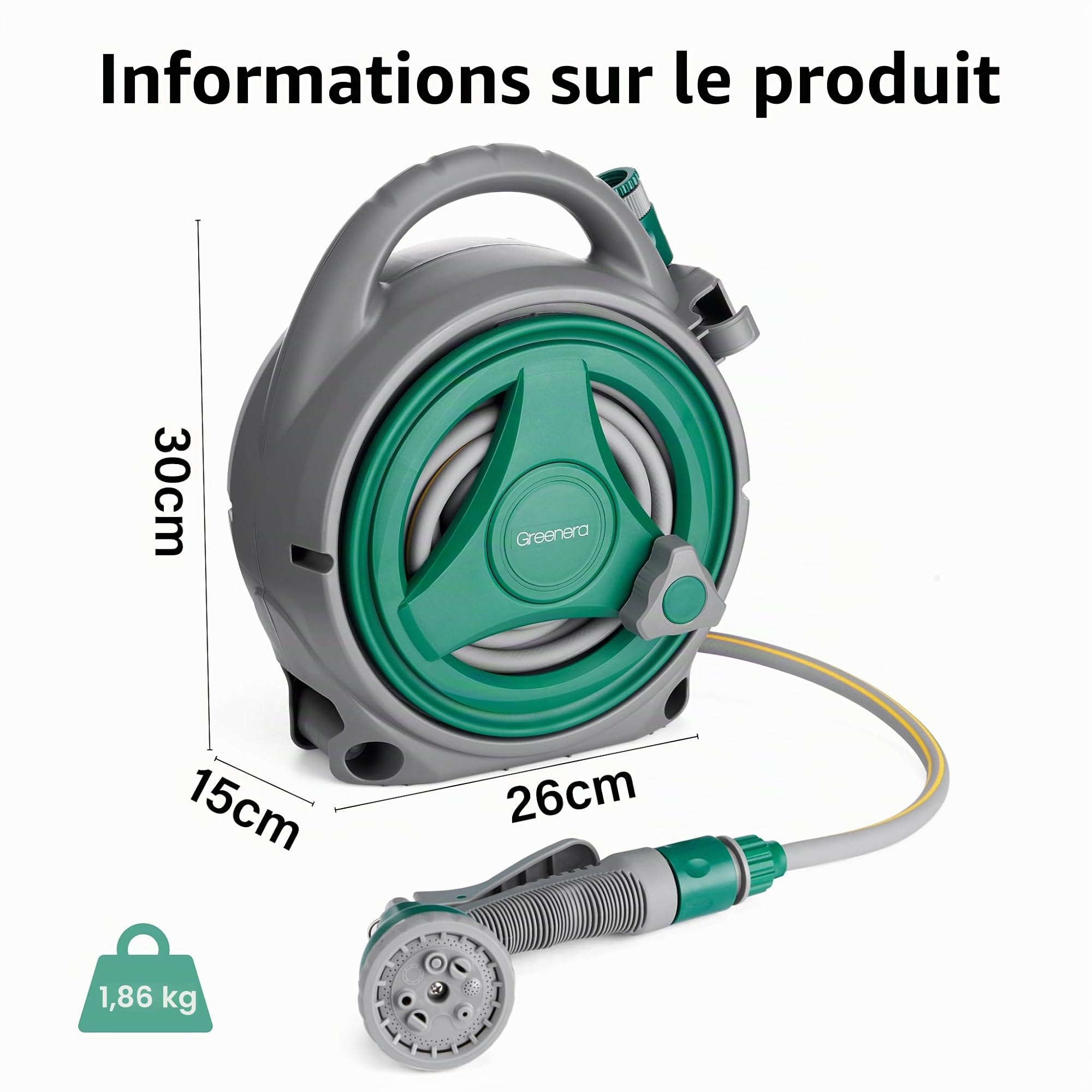 Enrouleur de tuyau d'arrosage de 14 m, compact et portable avec 8 buses de pistolet pulvérisateur réglables, enrouleur de tuyau d'arrosage manuel rétractable, ensemble de tuyau flexible d'extérieur