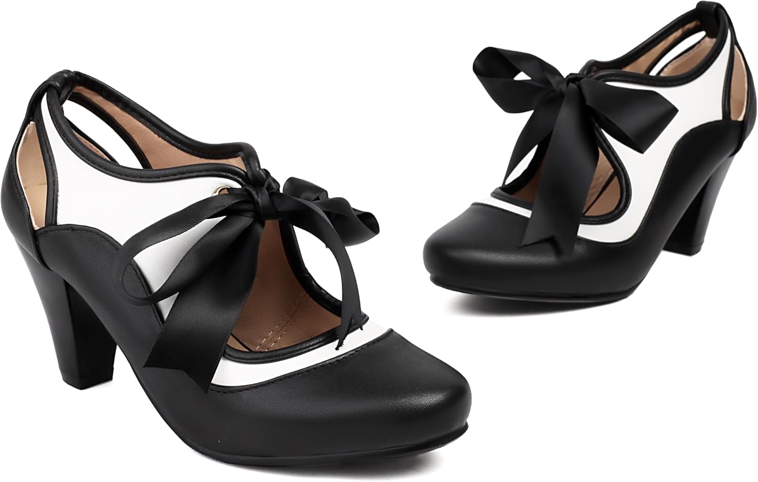 Elerhythm Women's Mary Jane Two Tone Lace Up Closed Round Toe Vintage Heels 1950s Pumps 1920s Victorian Retro Shoes - Image 3