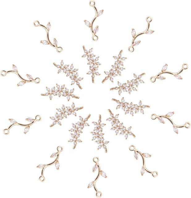 CHGCRAFT 20Ppcs 2 Style Leafy Branch Crystal Link Connector Charm Shinny Cubic Zirconia Links Charm Flower Beads Rhinestone Pendants with 2 Holes for Jewellery Necklace Earrings Making, Lighted Gold