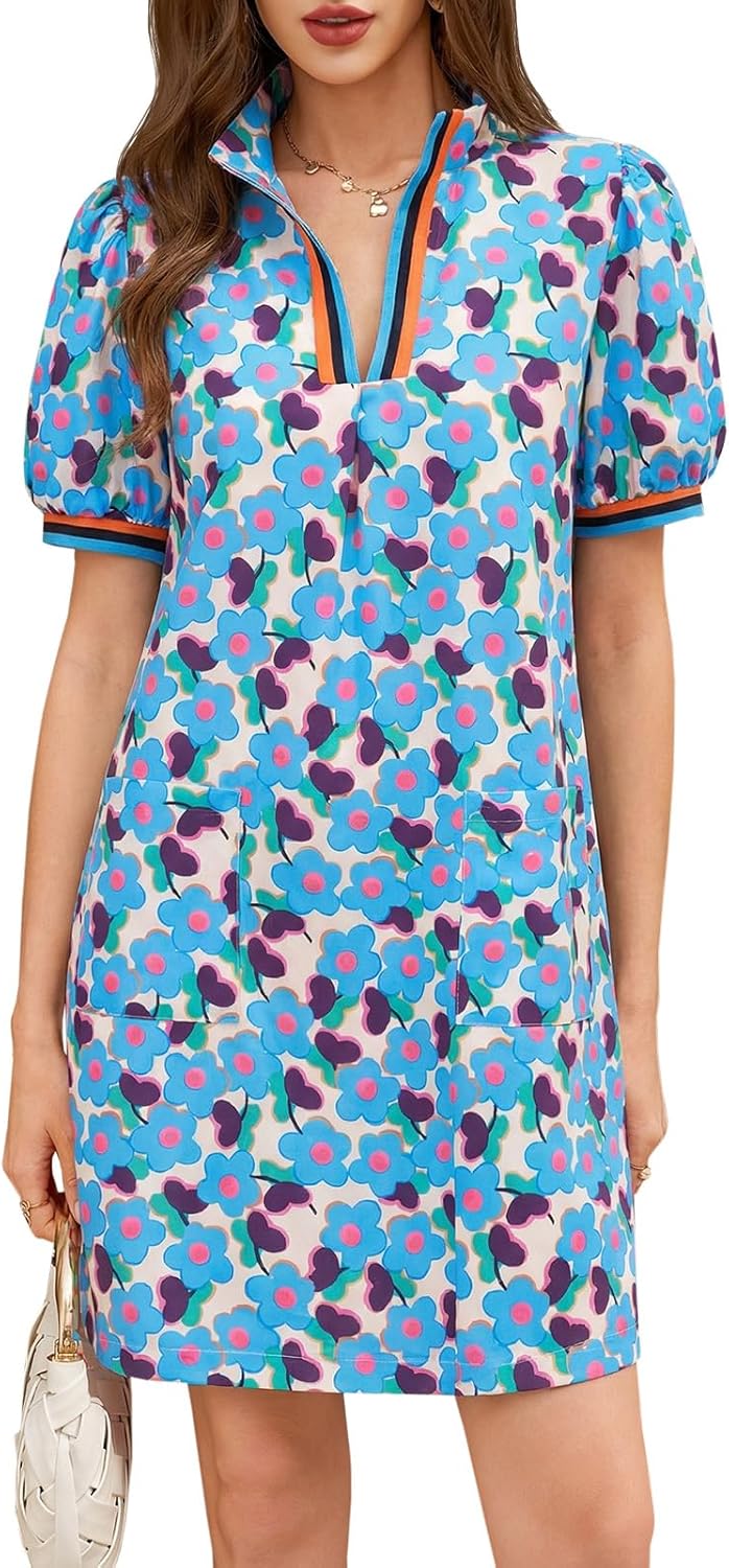 Wenrine Womens Summer Mini Dress Casual Puff Sleeve Floral V Neck Loose Boho Beach A Line Dresses with Pockets