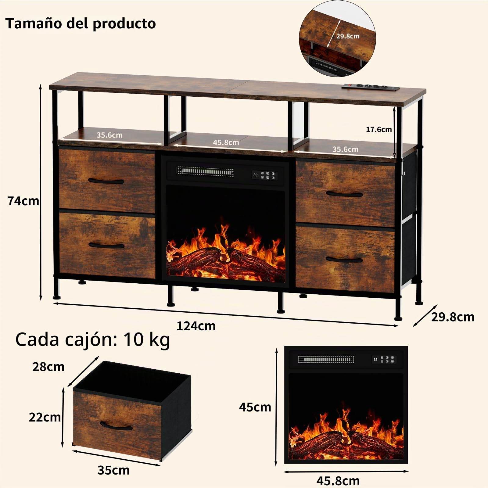 Waleaf Mueble para TV con Chimenea, Mesa Baja para Televisores de hasta 55 Pulgadas, Chimenea Eléctrica con Calefacción, Efecto de Llama 3D, Mueble para Televisor con 4 Cajones y Estantes Abiertos