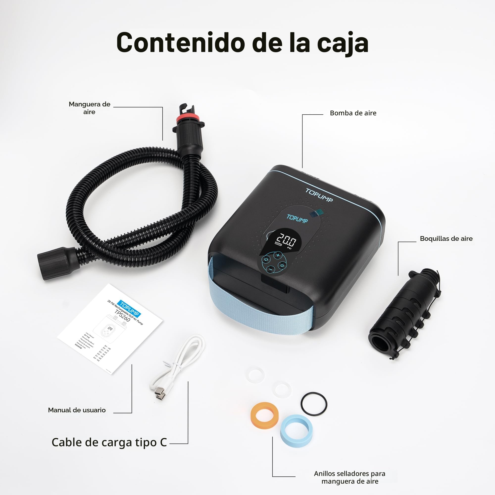 TOPUMP Bomba Sup Recargable 20PSI TPS260, Auto-Apagado, Inflado/Desinflado Doble Etapa, Type-C para Paddle,Kayak,ala,Cometa,Tienda,Barco,Colchón
