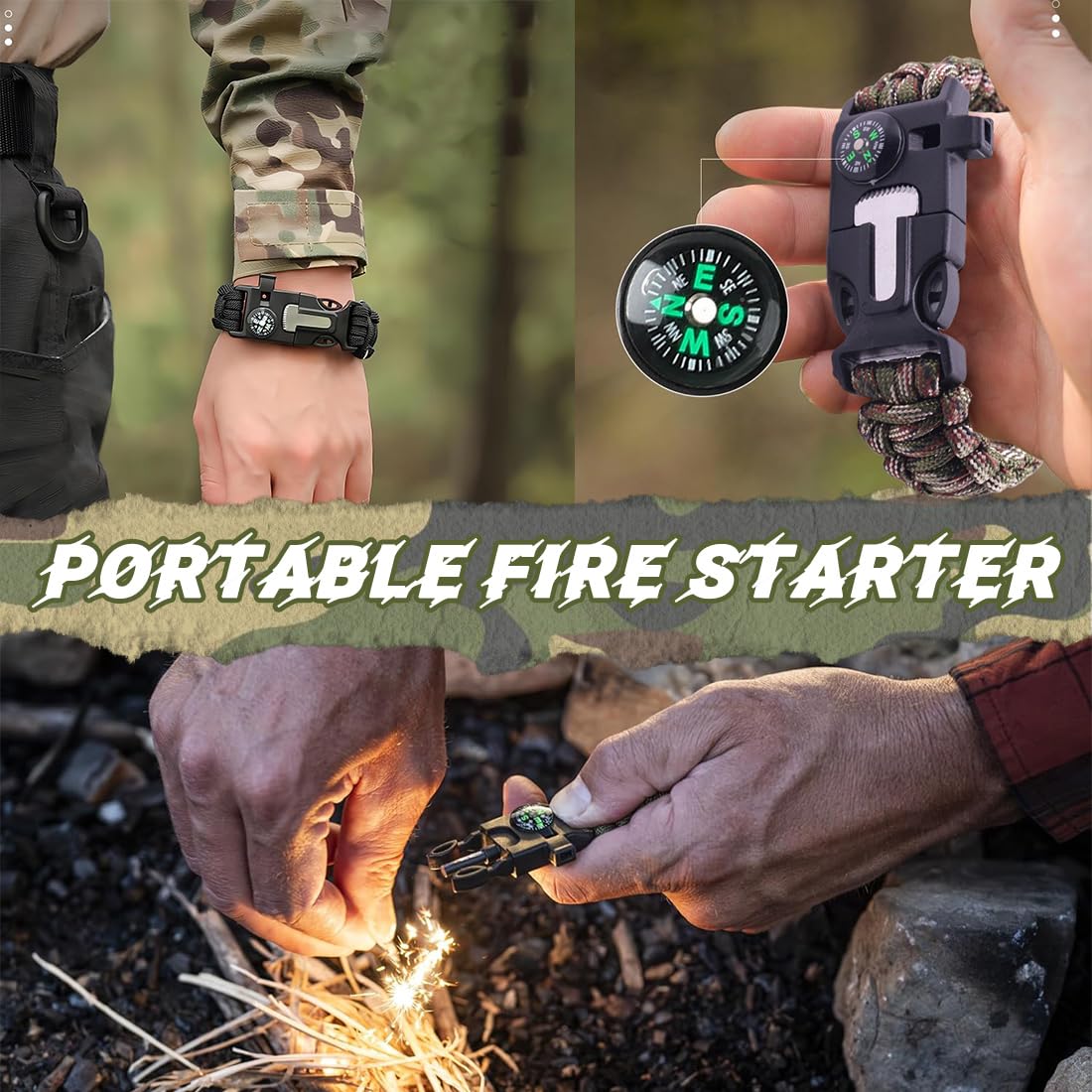 Paracord Braccialetto Set Contiene, Bracciale Sopravvivenza Regolabile, Kit Sopravvivenza con Flint + Bussola + Termometro, per attività all'aperto Escursionismo Campeggio di Emergenza, 2PCS