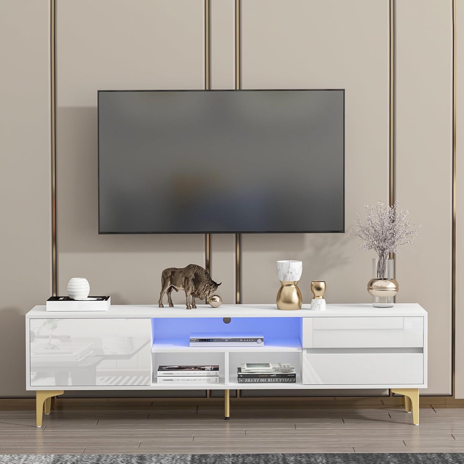 Modern Tv Stand with Led Remote Control Lights, Bloom Drawer Panel Gold Metal Legs White Entertainment Center for Living Room, Bedroom