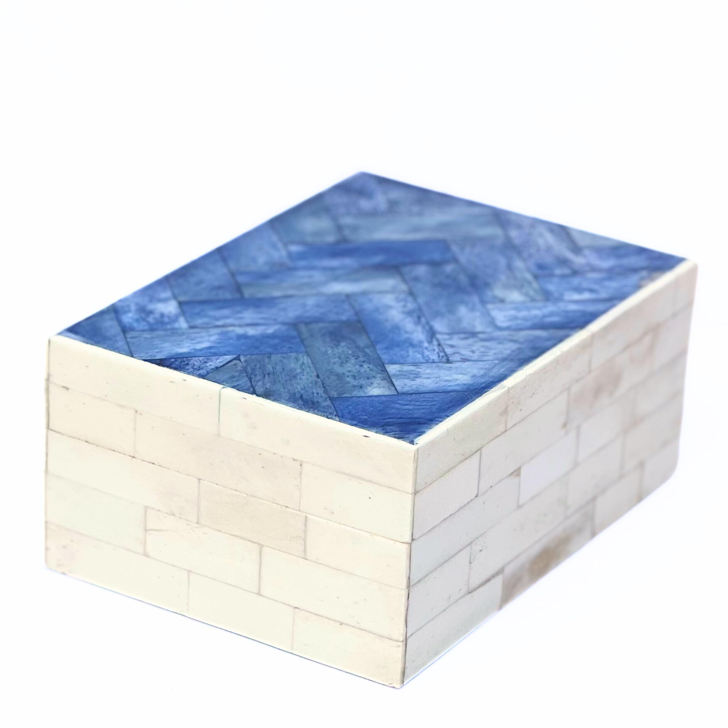 collectiblesBuy Handmade Chevron Mosaic Pattern Jewelry & Keepsake Box - Blue & White Bone Inlay Decorative Storage for Home & Office | Premium Decorative Item