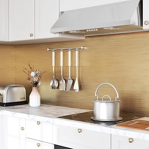 Miniatura 3 de HotDecor Papel tapiz metálico de acero inoxidable dorado de 17.7 x 315 pulgadas, a prueba de aceite, impermeable, para armarios, encimeras, cocina,