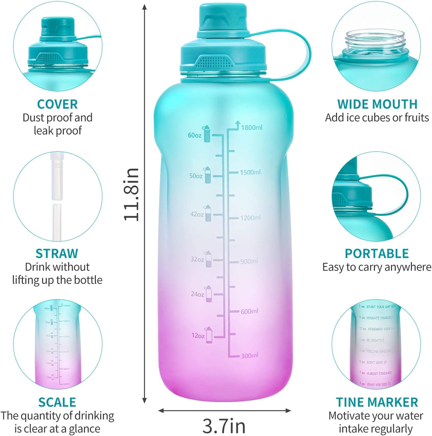 Half Gallon/64 oz Motivational Water Bottle with Time Marker Reminder & Straw, Leak-proof No BPA Hydration Sports Daily Water Bottle Jug for Fitness Gym Outdoor Sports Activity (Green Purple Gradient)