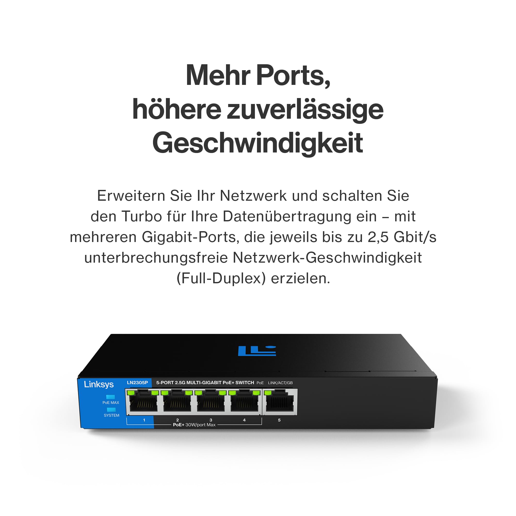 Linksys 5-Port, 2,5 G Multi-Gig Unmanaged PoE+-Switch | Energieeffizientes Ethernet | Full-Duplex-Flusskontrolle | Für kleine Büros/Home-Office | Lüfterloses Design & Metallgehäuse | 60-W-PoE-Leistung