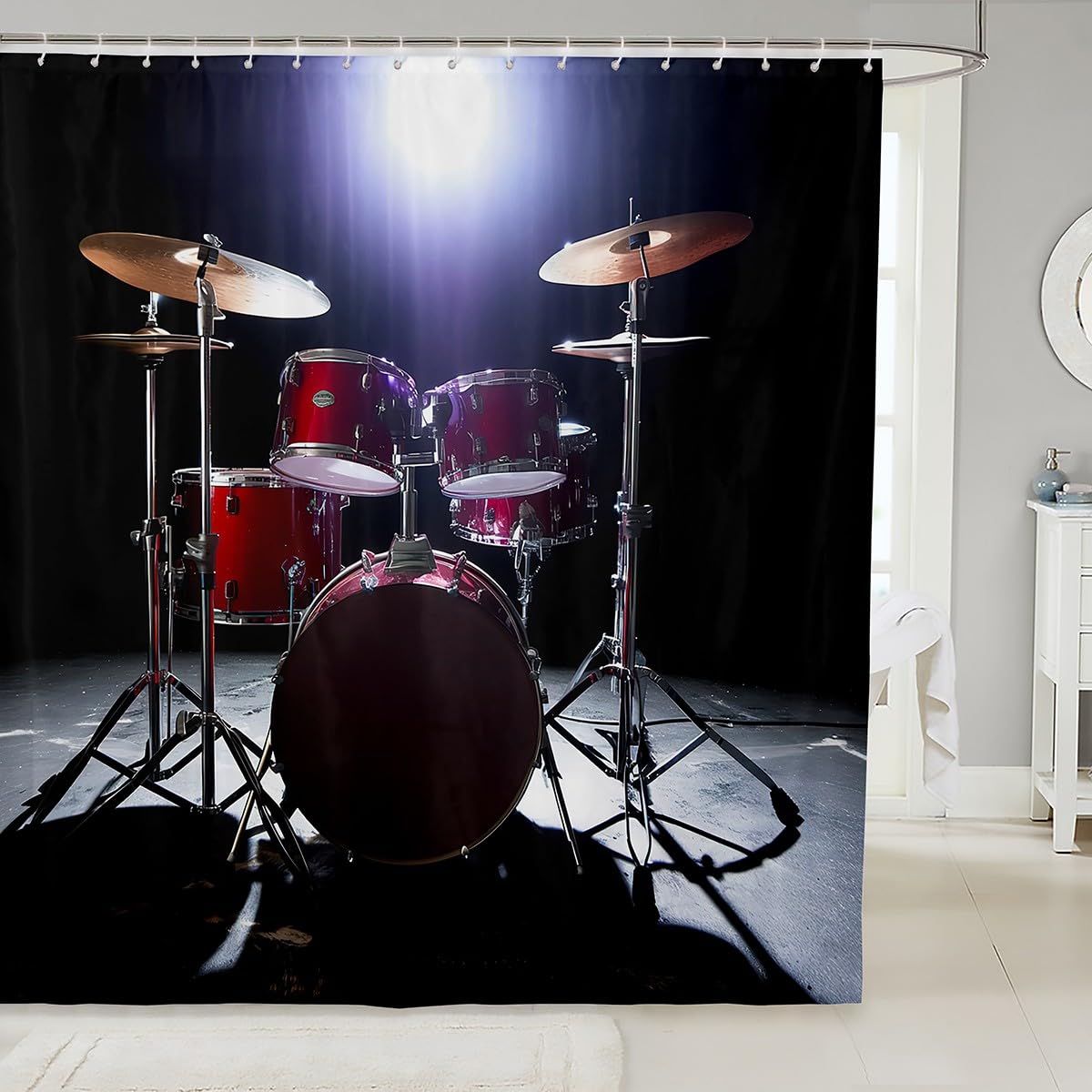 Drum Kit Shower Curtain for Girls Boys Children Rock Music Themed Bathroom Shower Curtain Set Decorative Musical Pattern Drum Set Bath Curtain Popstar Party Waterproof Bathroom Curtains 72x84 Inch