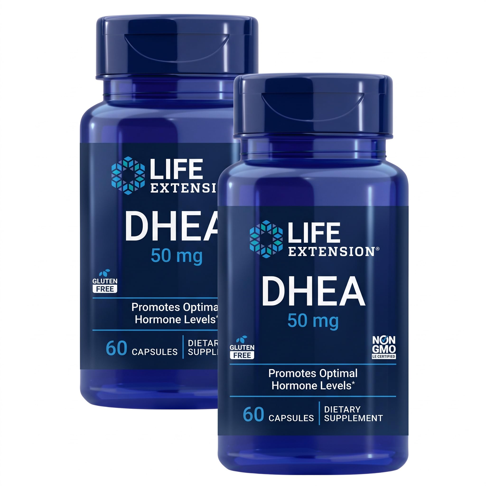 Life Extension DHEA 50 mg – Hormone Balance Supplement, Memory, Muscle Mass and Bone Density Support, Healthy Sex Drive, Gluten-Free, Non-GMO, 60 Capsules, (Pack of 2)