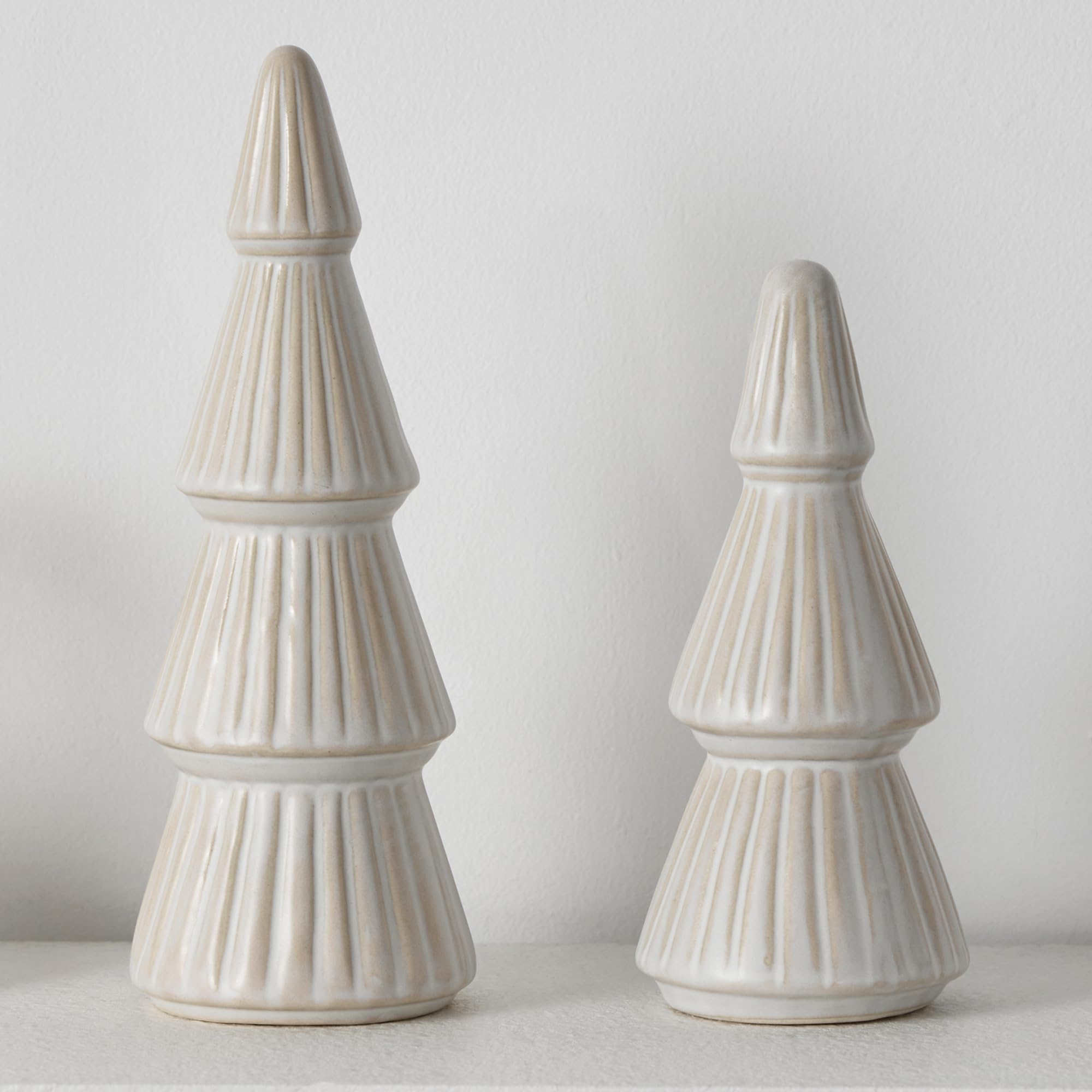 Decoraciones de Navidad, árbol de Navidad de cerámica, pequeños árboles de decoración de Navidad de granja para mesa, mantel, juego de 2 (9.5 pulgadas de alto + 7.5 pulgadas de alto)