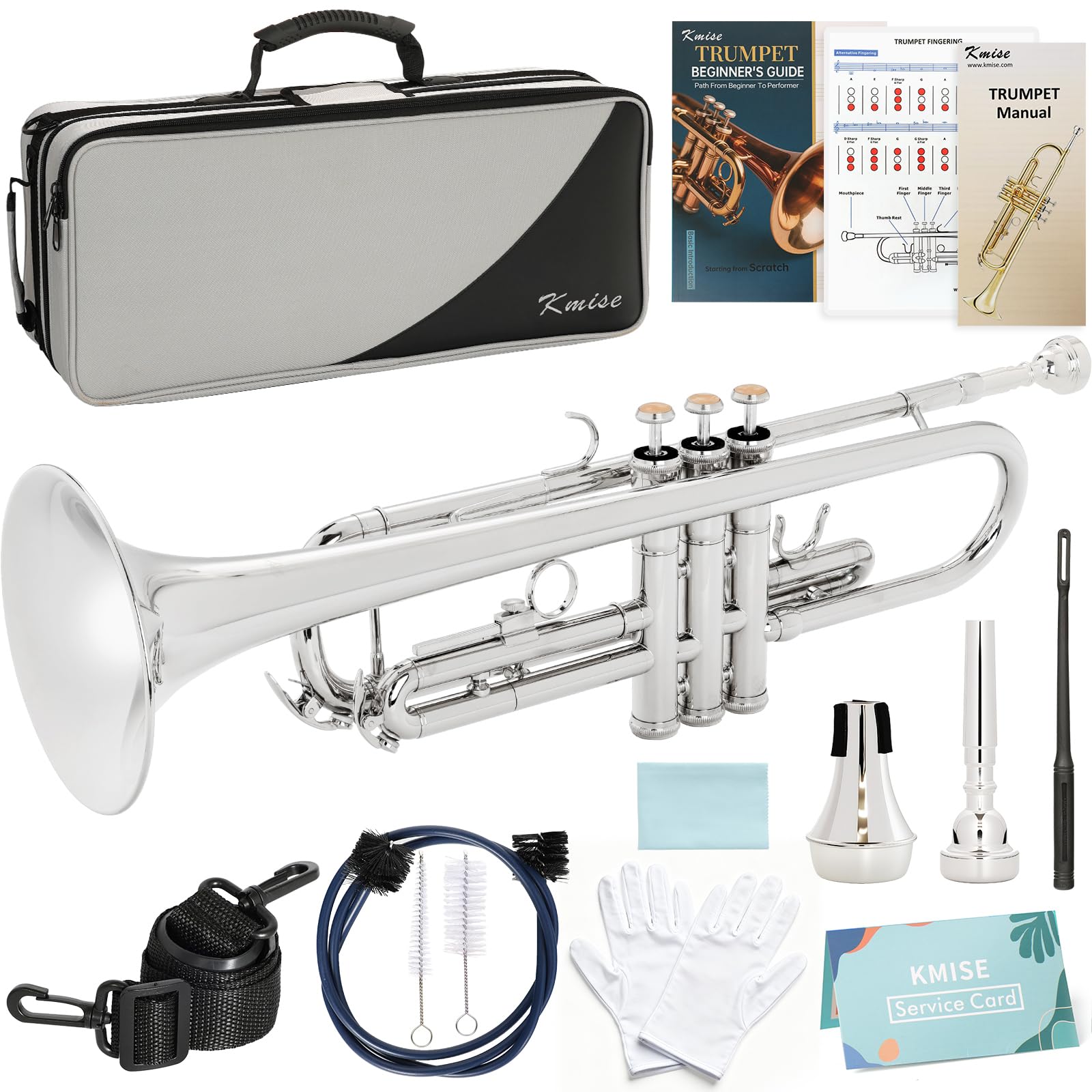 Kmise Bb Standard Trumpet, Premium Brass Trumpets for Student Beginner, Trumpet Instrument Set with Upgraded Case, 7C Mouthpiece, Mute, Beginner's Guide Kit, Cleaning Kit (Nickel Plated)