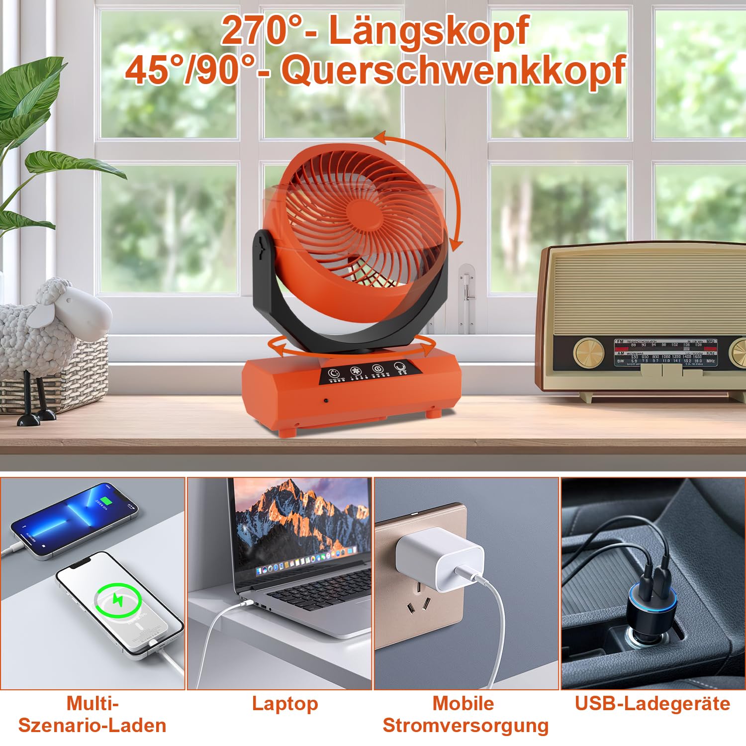 Ventilatore da campeggio con gancio e lanterna a LED, portatile, 20000 mAh, 2 in 1, orientabile a 270°, 3 velocità, ventilatore USB per campeggio, picnic, ufficio, camera da letto (arancione)