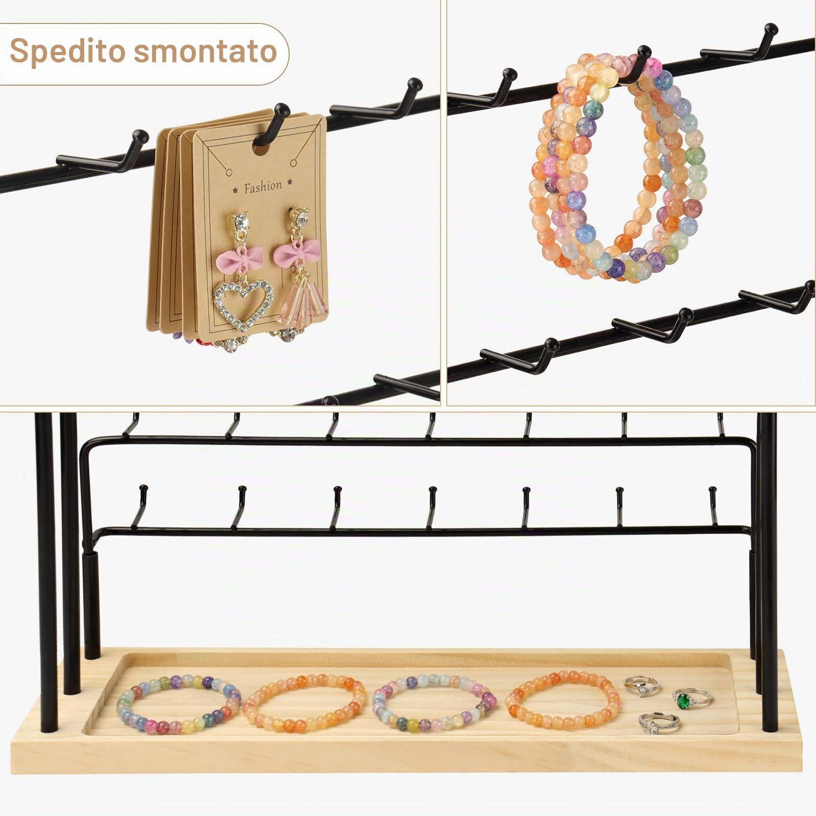 Espositore per Orecchini per Venditori 6 Livelli 42 Ganci in Legno Espositore per Orecchini Collane Anelli Bracciali Portachiavi (Nero)